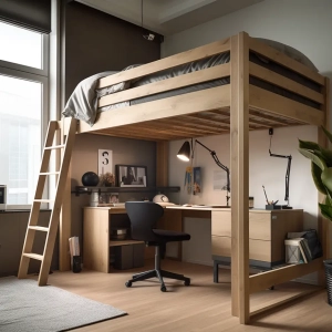 loft bed with an under bed office desk and black chair