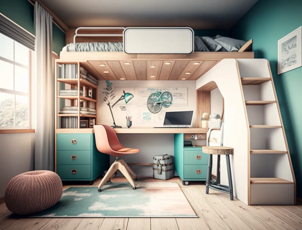 loft bed with an under bed office desk and chair modern and futuristic