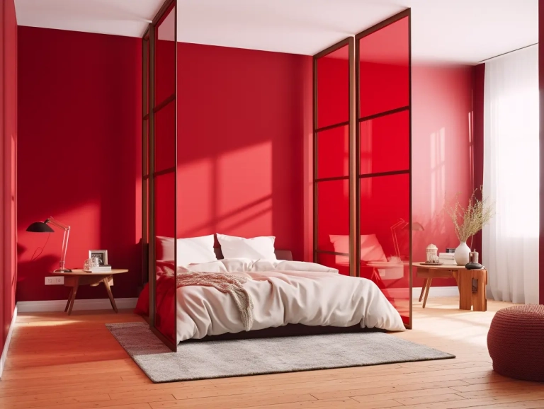 Three-panel bedroom divider, deep red bedroom