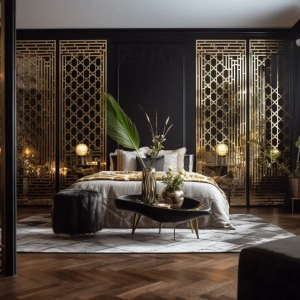 shoji screen separating Luxurious glamorous gold and black bedroom with ornate details and plush furnishings