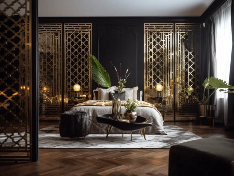 shoji screen separating Luxurious glamorous gold and black bedroom with ornate details and plush furnishings